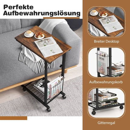 C Shaped Sofa Table Adjustable Side Table with Storage Basket Rustic Brown