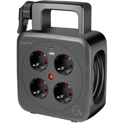 Kabelový naviják 5 metrů, 4 zásuvky s uzemněním + USB-A/USB-C 20W IP20