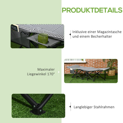 Campingliege mit Tasche und Becherhalter, schwarz, 120 kg Tragkraft