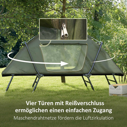 Feldbett mit Zelt - UV-Schutz und Regenschutz