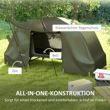 Feldbett mit Zelt - UV-Schutz und Regenschutz
