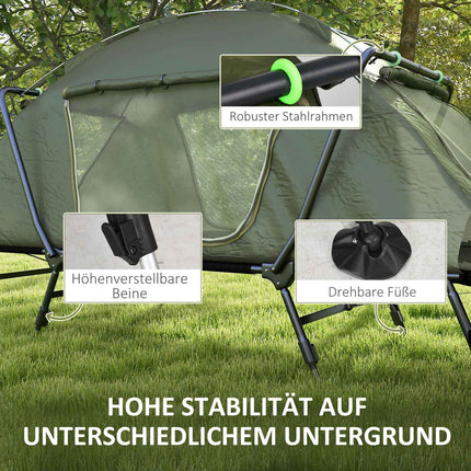 Feldbett mit Zelt - UV-Schutz und Regenschutz