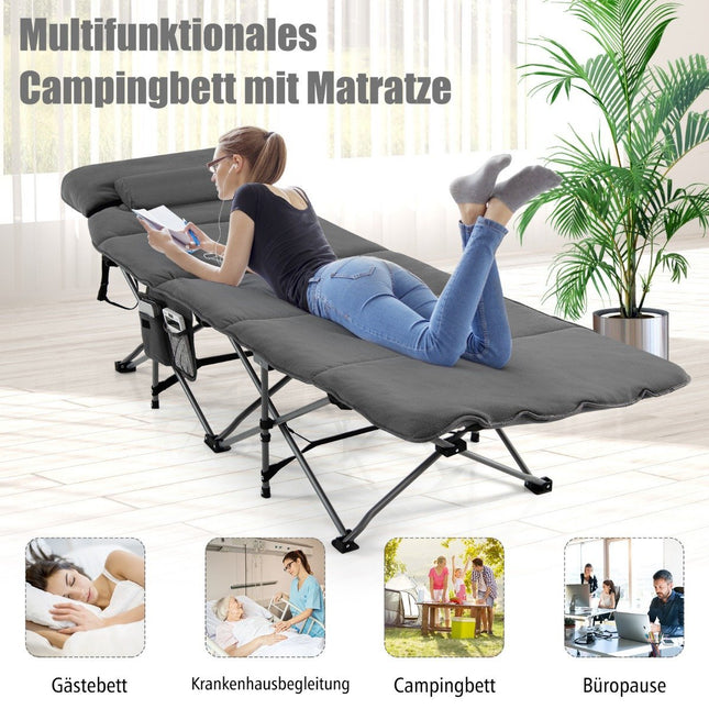 Feldbett Klappbett Campingbett mit Matratze 185 cm x 65 cm x 41-53 cm grau