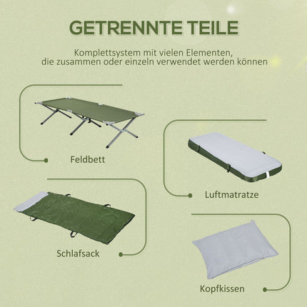 Feldbett mit Kissen, faltbar, 120 kg Tragkraft, grün