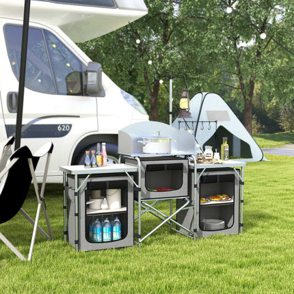 Faltbare Campingküche mit 3 Schränken und Arbeitsplatten, grau