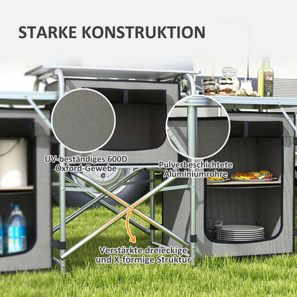 Faltbare Campingküche mit 3 Schränken und Arbeitsplatten, grau