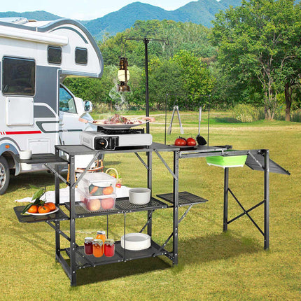 Camping Kitchen Table – Folding Aluminum, Sink, Shelves