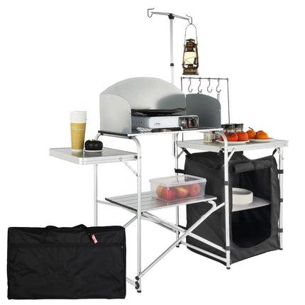 Camping Kitchen Table, Folding Cook Station, Cupboard, Windscreen