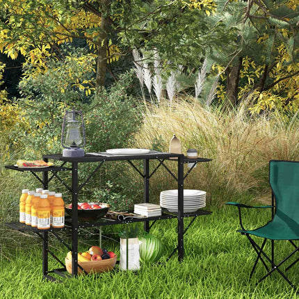 Folding camping table, metal - 2 shelves, 4 side tables