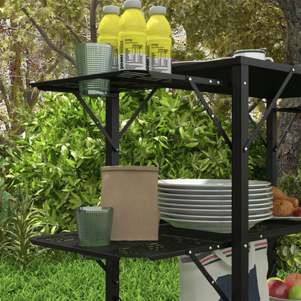 Folding camping table, metal - 2 shelves, 4 side tables