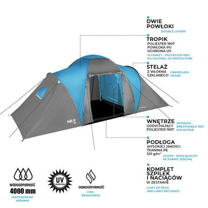 Camping Tent, Blue-Gray, 4-Person, Waterproof