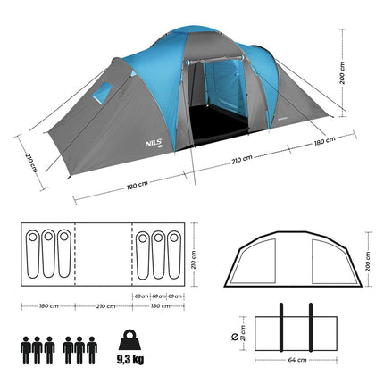 Camping Tent, Blue-Gray, 4-Person, Waterproof