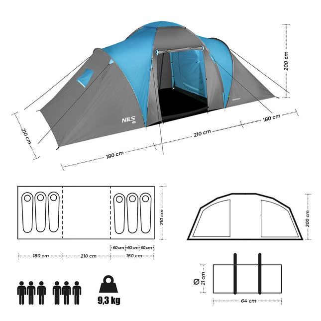 Kampeertent, blauwgrijs, 4-persoons, waterdicht