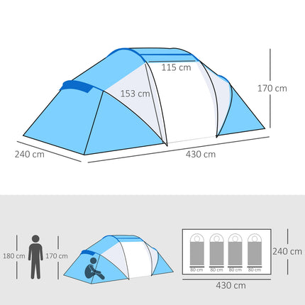 Tente de camping familiale tunnel avec 2 cabines de couchage pour 4 à 6 personnes, bleue (L 430 x l 240 x H 170 cm)