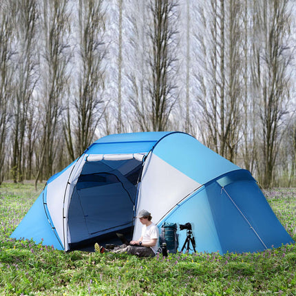 Tente de camping familiale tunnel avec 2 cabines de couchage pour 4 à 6 personnes, bleue (L 430 x l 240 x H 170 cm)