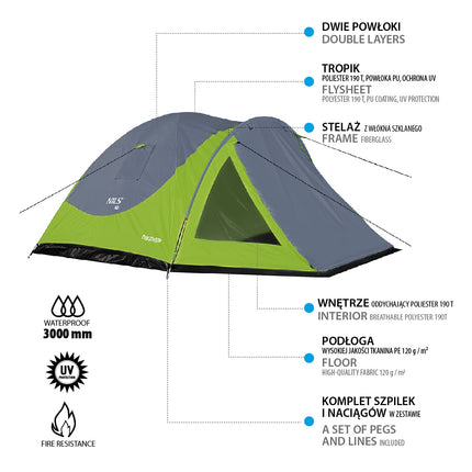 Camping Tent, Green-Gray, 2-Person, Waterproof