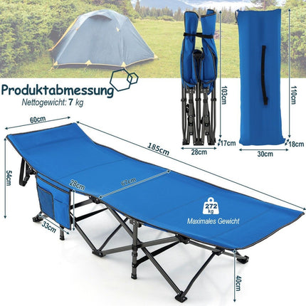 Campingbett, strapazierfähiges Reisebett mit Kopfstütze, 190 x 70 x 54 cm, blau
