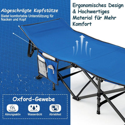 Campingbett, strapazierfähiges Reisebett mit Kopfstütze, 190 x 70 x 54 cm, blau