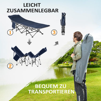 Campingbed, opklapbaar kampeerbed, opklapbed met kussen, zijvak, matras, logeerbed, belastbaar tot 150 kg, reizen, buiten, Oxford, donkerblauw, 188 x 64,5 x 53 cm