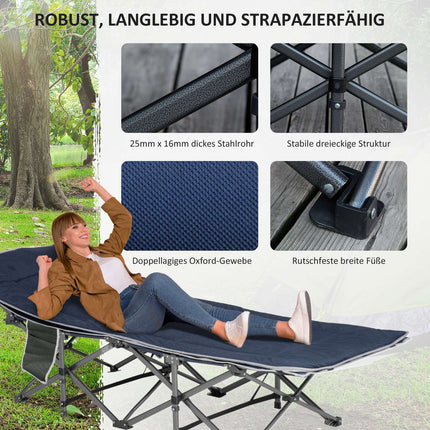 Campingbed, opklapbaar kampeerbed, opklapbed met kussen, zijvak, matras, logeerbed, belastbaar tot 150 kg, reizen, buiten, Oxford, donkerblauw, 188 x 64,5 x 53 cm