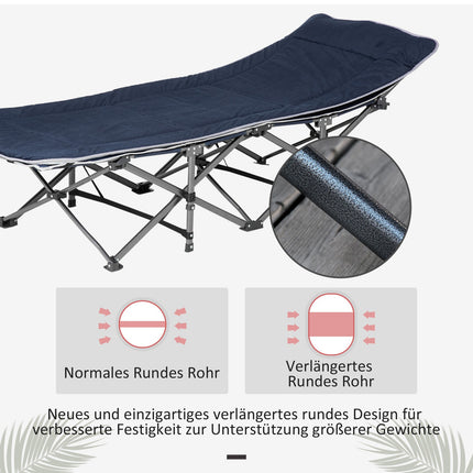 Campingbed, opklapbaar kampeerbed, opklapbed met kussen, zijvak, matras, logeerbed, belastbaar tot 150 kg, reizen, buiten, Oxford, donkerblauw, 188 x 64,5 x 53 cm