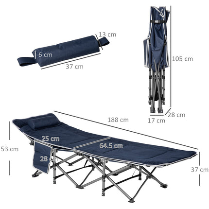 Campingbed, opklapbaar kampeerbed, opklapbed met kussen, zijvak, matras, logeerbed, belastbaar tot 150 kg, reizen, buiten, Oxford, donkerblauw, 188 x 64,5 x 53 cm