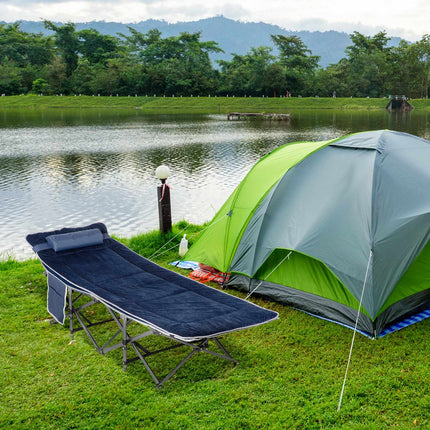 Campingbed, opklapbaar kampeerbed, opklapbed met kussen, zijvak, matras, logeerbed, belastbaar tot 150 kg, reizen, buiten, Oxford, donkerblauw, 188 x 64,5 x 53 cm