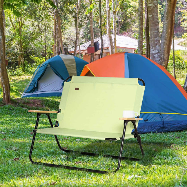 2-seater folding camping chair with cup holder, light green
