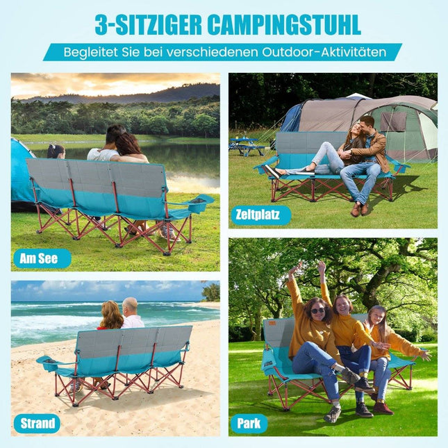 Kampeerstoel voor 3 personen met gevoerde zitting & bekerhouder & draagvermogen 450 kg blauw