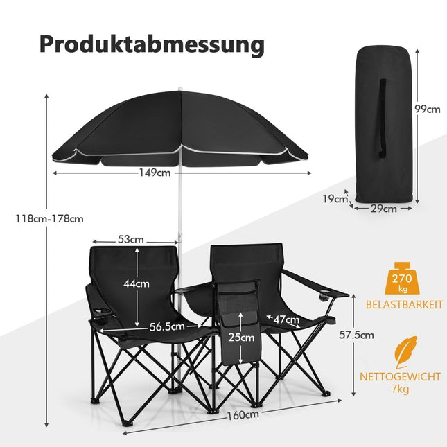 Campingstuhl mit Sonnenschirm Doppelklappstuhl mit Getränkehalter Kühltasche schwarz