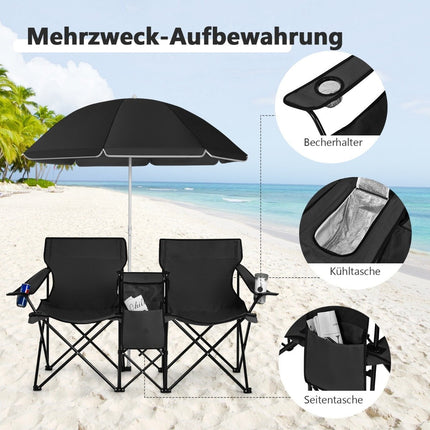 Campingstuhl mit Sonnenschirm Doppelklappstuhl mit Getränkehalter Kühltasche schwarz