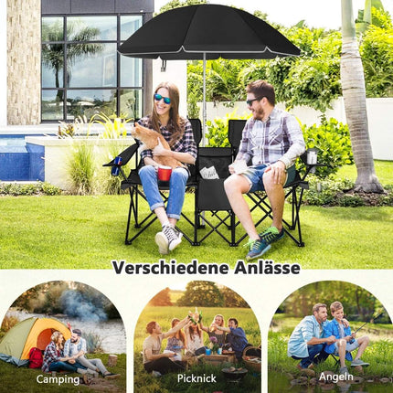 Campingstuhl mit Sonnenschirm Doppelklappstuhl mit Getränkehalter Kühltasche schwarz