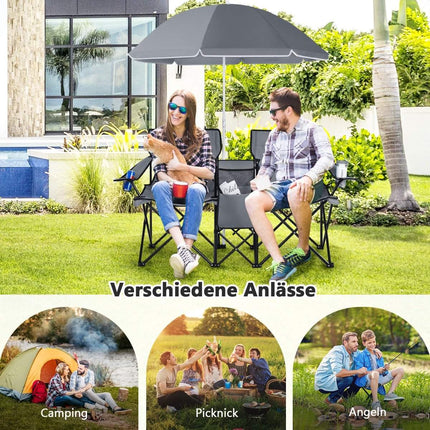Campingstuhl mit Sonnenschirm Doppelklappstuhl mit Getränkehalter Kühltasche Grau