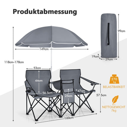 Campingstuhl mit Sonnenschirm Doppelklappstuhl mit Getränkehalter Kühltasche Grau