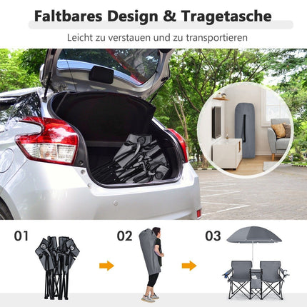 Campingstuhl mit Sonnenschirm Doppelklappstuhl mit Getränkehalter Kühltasche Grau