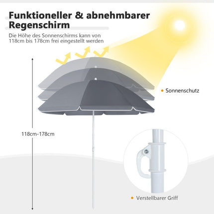 Campingstuhl mit Sonnenschirm Doppelklappstuhl mit Getränkehalter Kühltasche Grau