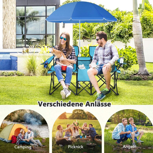 Campingstuhl mit Sonnenschirm Doppelklappstuhl mit Getränkehalter Kühltasche Türkis