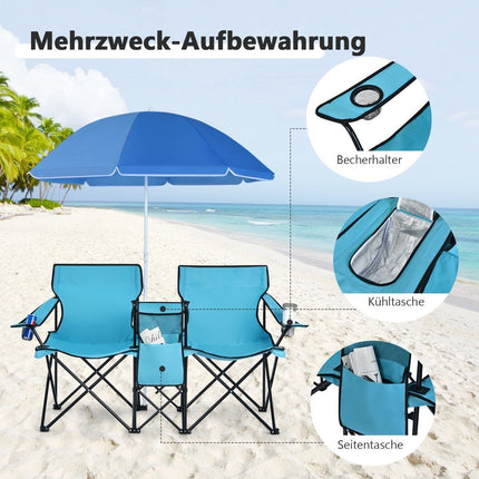 Campingstuhl mit Sonnenschirm Doppelklappstuhl mit Getränkehalter Kühltasche Türkis