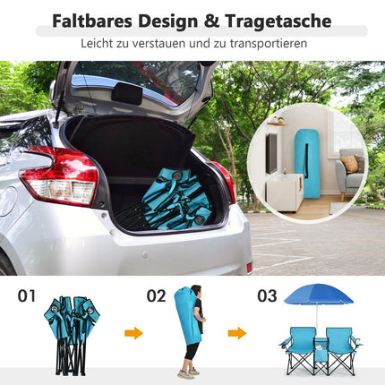 Campingstuhl mit Sonnenschirm Doppelklappstuhl mit Getränkehalter Kühltasche Türkis