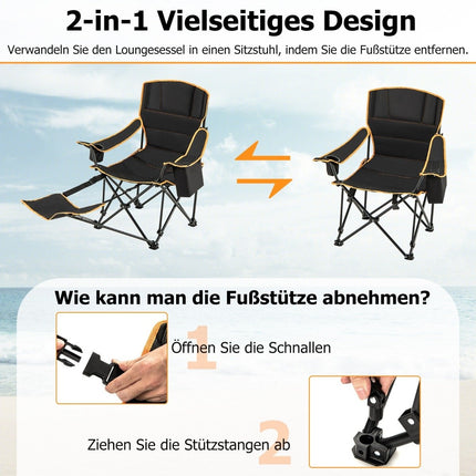 Campingstuhl mit abnehmbarer Fußstütze &amp; Getränkehalter &amp; Kühltasche. Klappbarer Angelstuhl