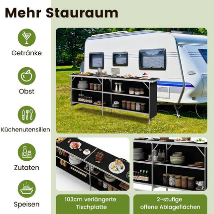 Campingschrank faltbar tragbare Campingküche mit 2 Etagenregalen 206 x 38 x 83 cm schwarz