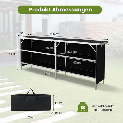 Campingschrank faltbar tragbare Campingküche mit 2 Etagenregalen 206 x 38 x 83 cm schwarz