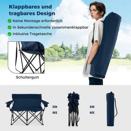 Campingstuhl für 2 Personen, Klappbar mit Getränkehaltern