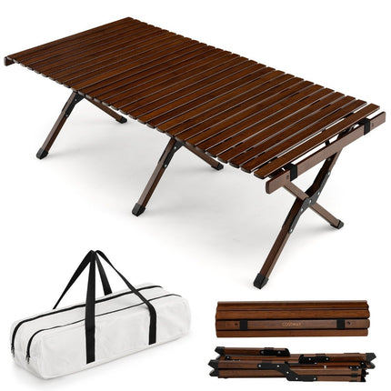 Campingtisch Klapptisch Picknicktisch mit Tragetasche Roll-Up Bambustisch 122 x 60 x 43,5 cm Kaffee