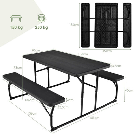 Ensemble de table de camping pliante avec bancs, noir