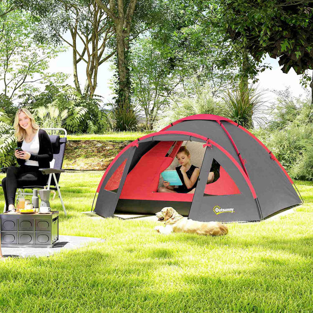Kampeertent voor 3 personen, lichtgewicht, stabiel, waterdicht, UV 50+, met luifel, deur, raam, grondzeil, grijs