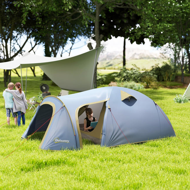 Kampeertent voor 4 personen, waterdichte tunneltent met 2 deuren en haken, pakzak, 3,45 x 2,4 x 1,3 m, lichtblauw
