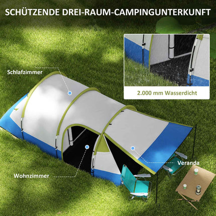 Kampeertent, tunneltent voor 3 personen, met lichte haken, luifel, 2 kamers, winddichte familietent met draagtas, 2000 mm waterafstotende pop-up tent voor kamperen, tuin, groen |