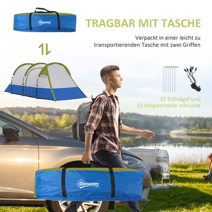 Kampeertent, tunneltent voor 3 personen, met lichte haken, luifel, 2 kamers, winddichte familietent met draagtas, 2000 mm waterafstotende pop-up tent voor kamperen, tuin, groen |