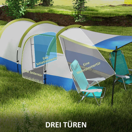 Kampeertent, tunneltent voor 3 personen, met lichte haken, luifel, 2 kamers, winddichte familietent met draagtas, 2000 mm waterafstotende pop-up tent voor kamperen, tuin, groen |